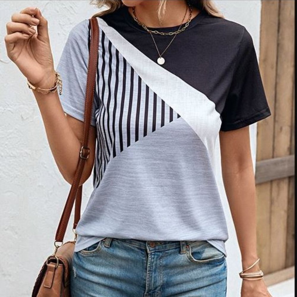 Gray & White Color Block Crewneck Tee